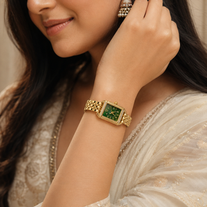 Watches Gold-Tone Rectangular Green Dial Crystal Studded Bezel Bracelet Watch for Women