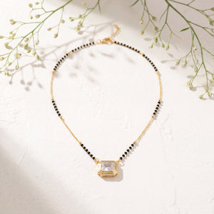 KZ Gold Plated Emerald Cut CZ Solitaire Mangalsutra for Women Black Bead Chain Rectangular Pendant FS