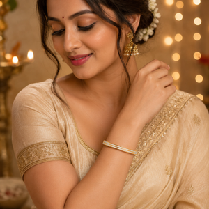 Gold Crescent Diamond Oval Kada for Women | Curved Arc Stone Stainless Steel Ladies Bangle | Celestial Design Jewellery