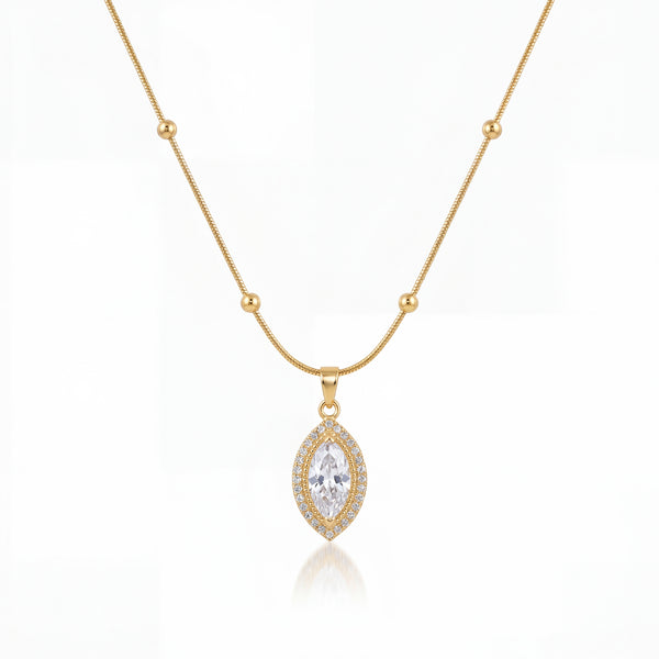 Gold Marquise Leaf CZ Pendant Chain Anti-Tarnish Necklace