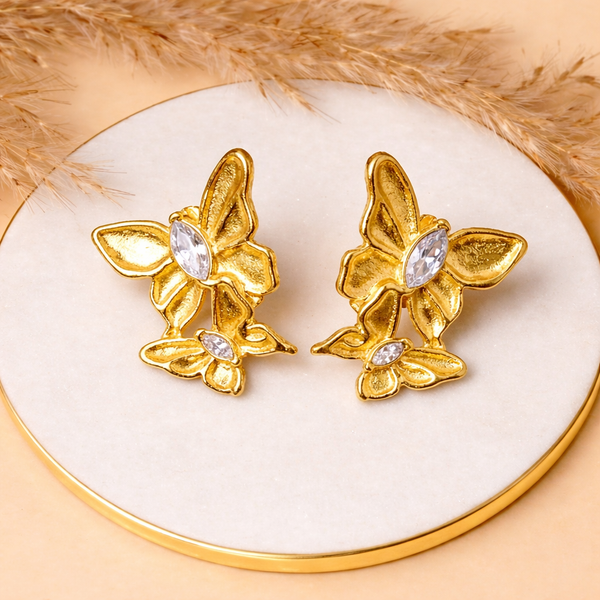 Anti-Tarnish Gold Plated Hanging 2 Butterfly Earrings - 1 Pair