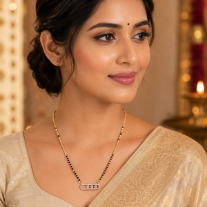 KZ Gold Plated Sliding Bar CZ Mangalsutra for Women Black Bead Chain 3 Stone Oval Frame Pendant FS