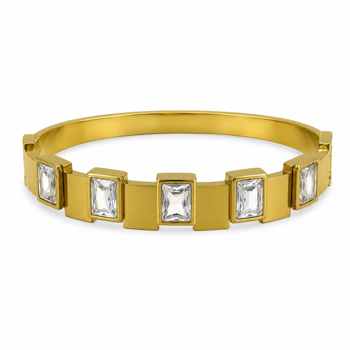Gold White Stone Rectangular Panel Oval Kada for Women | Crystal Solitaire Stainless Steel Ladies Bangle | Classic Festive Jewellery