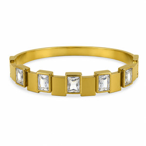 Gold White Stone Rectangular Panel Oval Kada for Women | Crystal Solitaire Stainless Steel Ladies Bangle | Classic Festive Jewellery