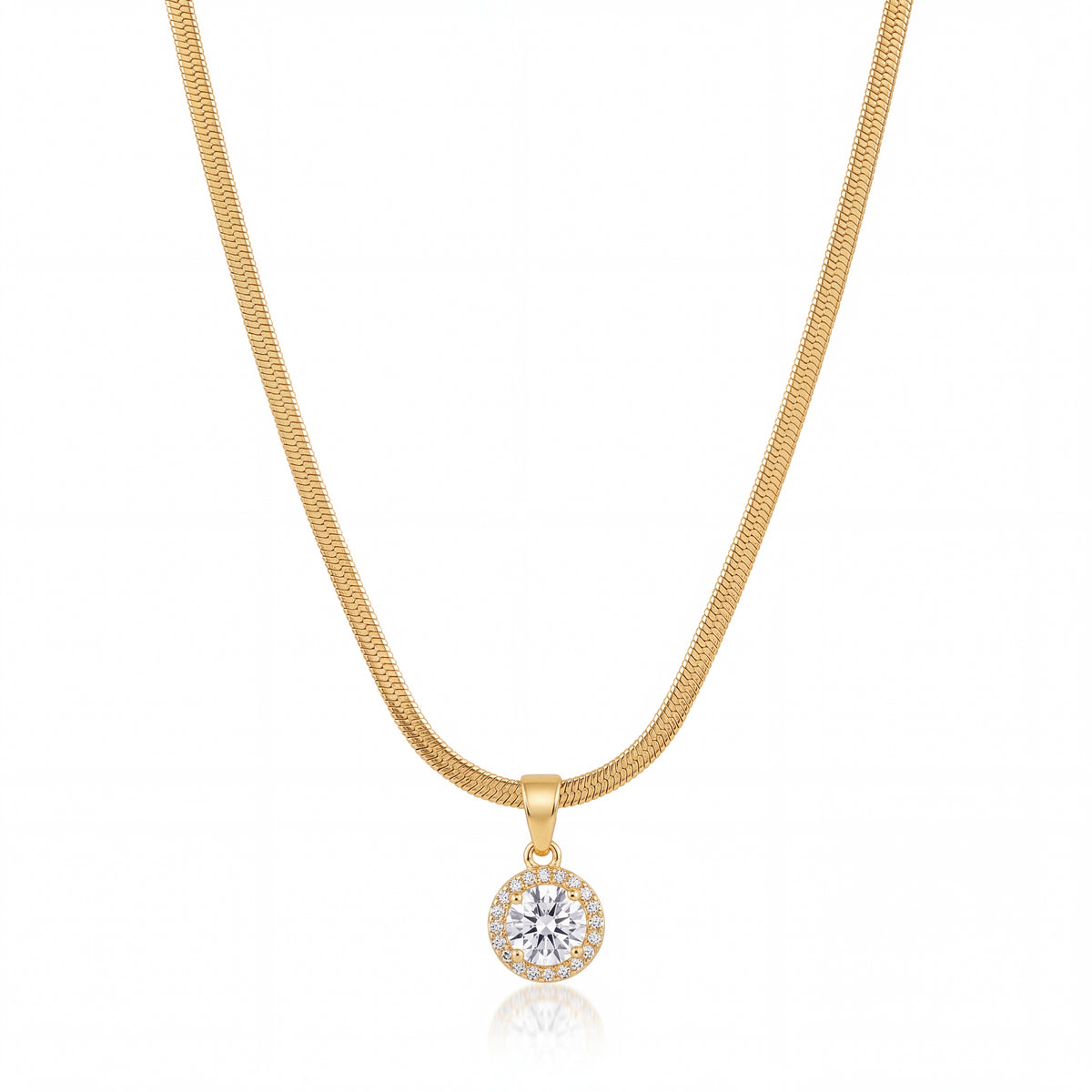Gold Round Solitaire CZ Pendant Snake Chain Anti-Tarnish Necklace