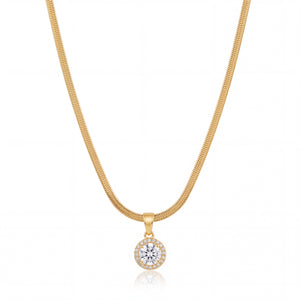Gold Round Solitaire CZ Pendant Snake Chain Anti-Tarnish Necklace