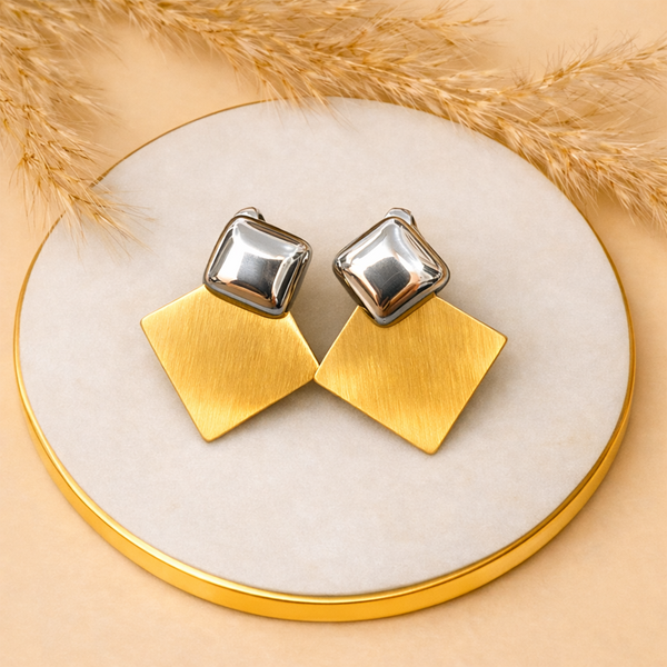 Anti-Tarnish Gold Plated Silver Stud with Gold Square Earrings - 1 Pair