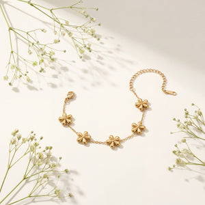 Gold Plated Delicate Chain Bracelet with Multiple Gold Floral Quatrefoil Charm Stations and Lobster Clasp