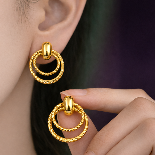 Anti-Tarnish Gold Plated Hanging 2 Spiral and 1 Plain Loop Earrings - 1 Pair