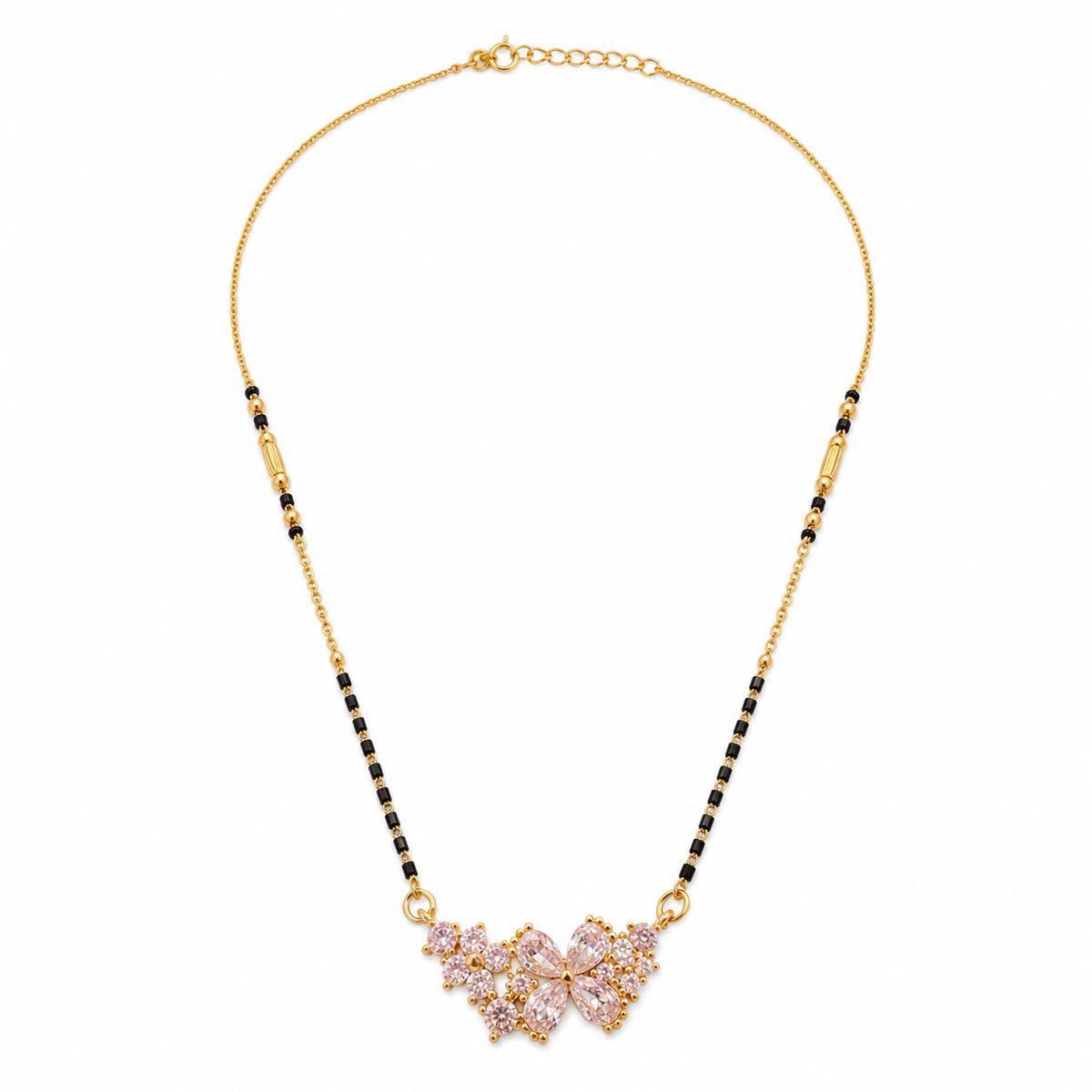KZ Gold Plated Pink Marquise Flower CZ Mangalsutra for Women Black Bead Chain Floral Cluster Pendant FS