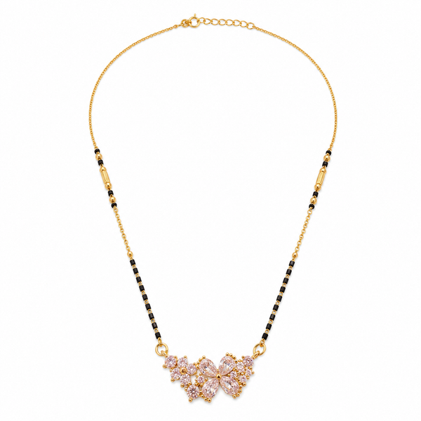 KZ Gold Plated Pink Marquise Flower CZ Mangalsutra for Women Black Bead Chain Floral Cluster Pendant FS