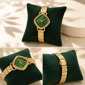 Watches Gold-Tone Cushion Green Dial Crystal Studded Bracelet Watch for Women
