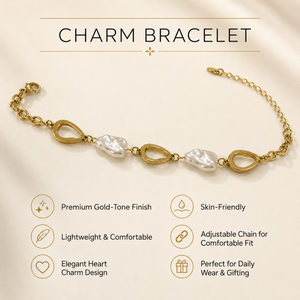 Gold Plated Adjustable Chain Bracelet with Alternating Open Oval Rings and Baroque White Pearl Drops