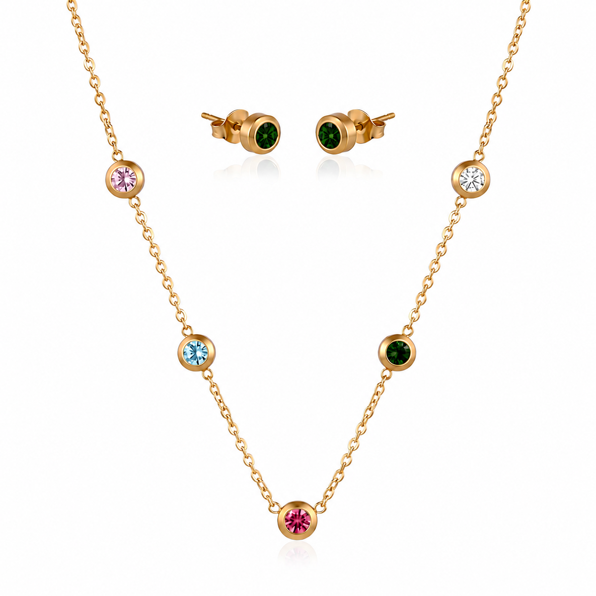 Anti tranish Gold plated 150 No. Minimal round Multicolour solitare pendant with Studd green round earring for adults - 1 Pc