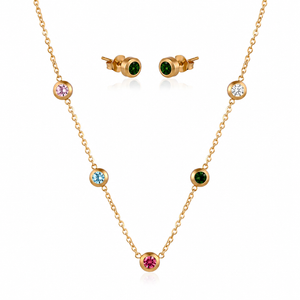 Anti tranish Gold plated 150 No. Minimal round Multicolour solitare pendant with Studd green round earring for adults - 1 Pc