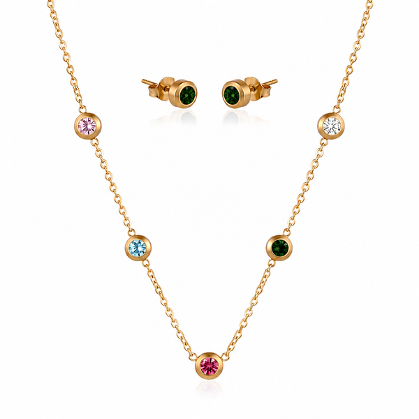 Anti tranish Gold plated 150 No. Minimal round Multicolour solitare pendant with Studd green round earring for adults - 1 Pc