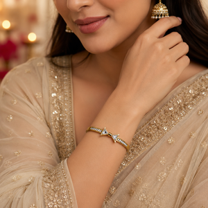 Gold Cluster Diamond Trio Oval Kada for Women | Three Stone Grouping Stainless Steel Ladies Bangle | Statement Festive Jewellery