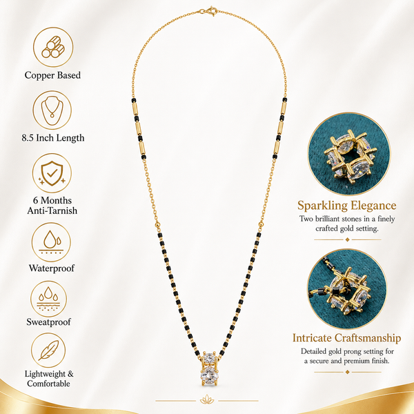 KZ Gold Plated Square CZ Solitaire Mangalsutra for Women Black Bead Chain Stacked Stone Pendant FS