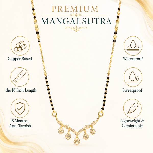KZ Gold Plated Cascading Floral CZ Mangalsutra for Women Black Bead Chain Multi Drop Dangle Pendant FS