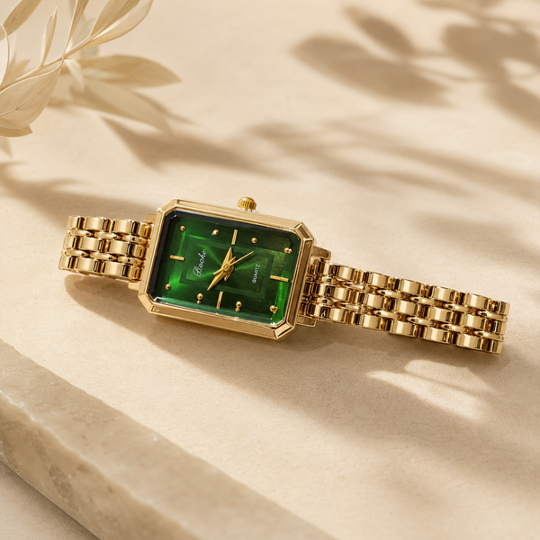 Watches Gold-Tone Rectangular Green Dial Minimal Chain Bracelet Watch for Women