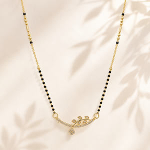 KZ Gold Plated Branch Leaf CZ Mangalsutra for Women Black Bead Chain Twig Floral Drop Pendant FS