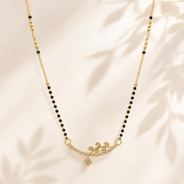 KZ Gold Plated Branch Leaf CZ Mangalsutra for Women Black Bead Chain Twig Floral Drop Pendant FS