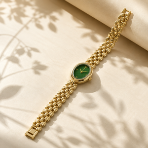 Watches Gold-Tone Oval Green Dial Chain Bracelet Watch for Women