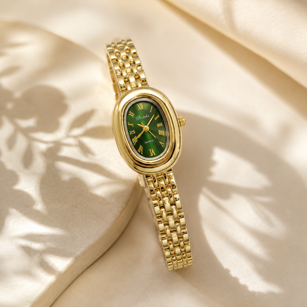 Watches Gold-Tone Round Green Dial Panther Link Bracelet Watch for Women