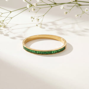Slim Green Emerald Baguette Eternity Baby Kada Bangle | Gold Plated Stackable Bracelet for Women