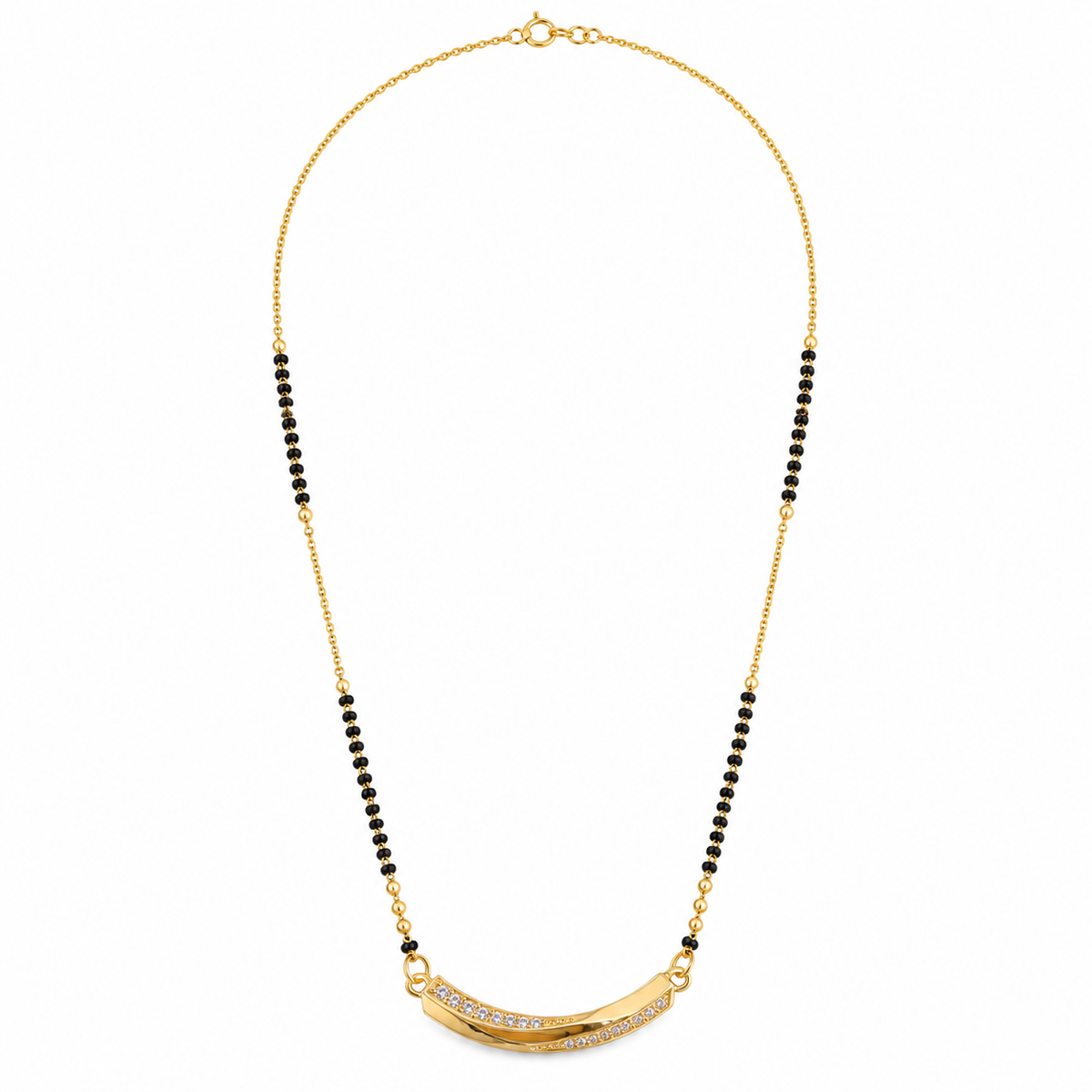 KZ Gold Plated Curved Arc Bar CZ Mangalsutra for Women Black Bead Chain Banana Curve Pendant FS
