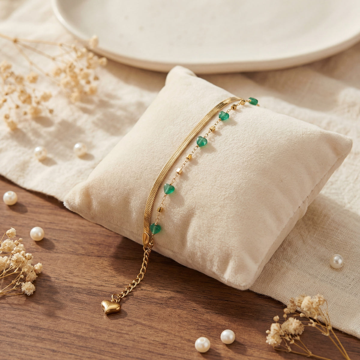 Anti-Tarnish Gold Plated Snake Chain Green Aura Beads Bracelet