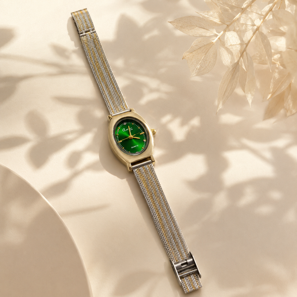 Watches Two-Tone Barrel Green Dial Mesh Bracelet Watch for Women