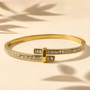 Gold Single Row Round Diamond Oval Kada for Women | Delicate Stone Band Stainless Steel Ladies Bangle | Classic Festive Jewellery