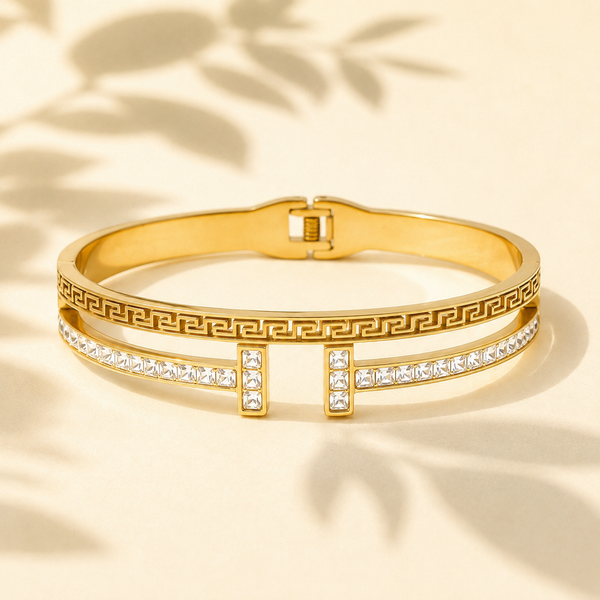 Gold Greek Key Pattern Diamond Oval Kada for Women | Meander Design Hinged Clasp Stainless Steel Ladies Bangle | Luxury Festive Jewellery