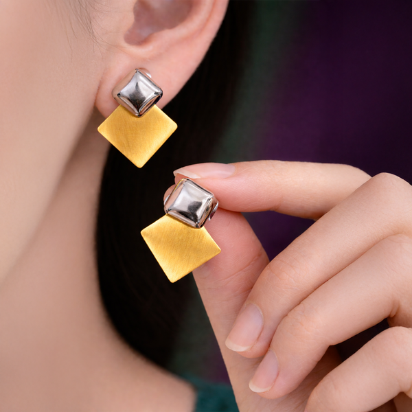 Anti-Tarnish Gold Plated Silver Stud with Gold Square Earrings - 1 Pair