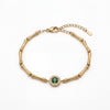 Gold Plated Bamboo Bar Link Bracelet with Round Green Stone Halo Centrepiece and Lobster Clasp