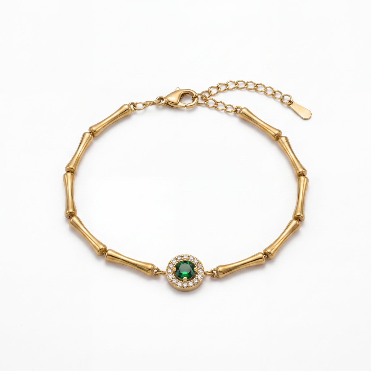 Gold Plated Bamboo Bar Link Bracelet with Round Green Stone Halo Centrepiece and Lobster Clasp
