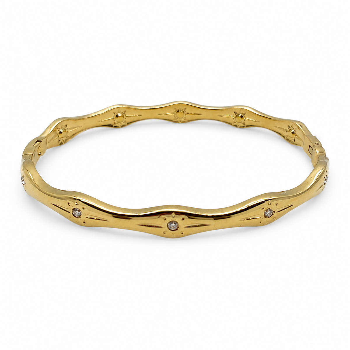 Gold Wavy Ripple Edge Scattered Diamond Oval Kada for Women | Curved Band Stone Stainless Steel Ladies Bangle | Artistic Festive Jewellery