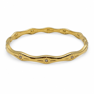 Gold Wavy Ripple Edge Scattered Diamond Oval Kada for Women | Curved Band Stone Stainless Steel Ladies Bangle | Artistic Festive Jewellery
