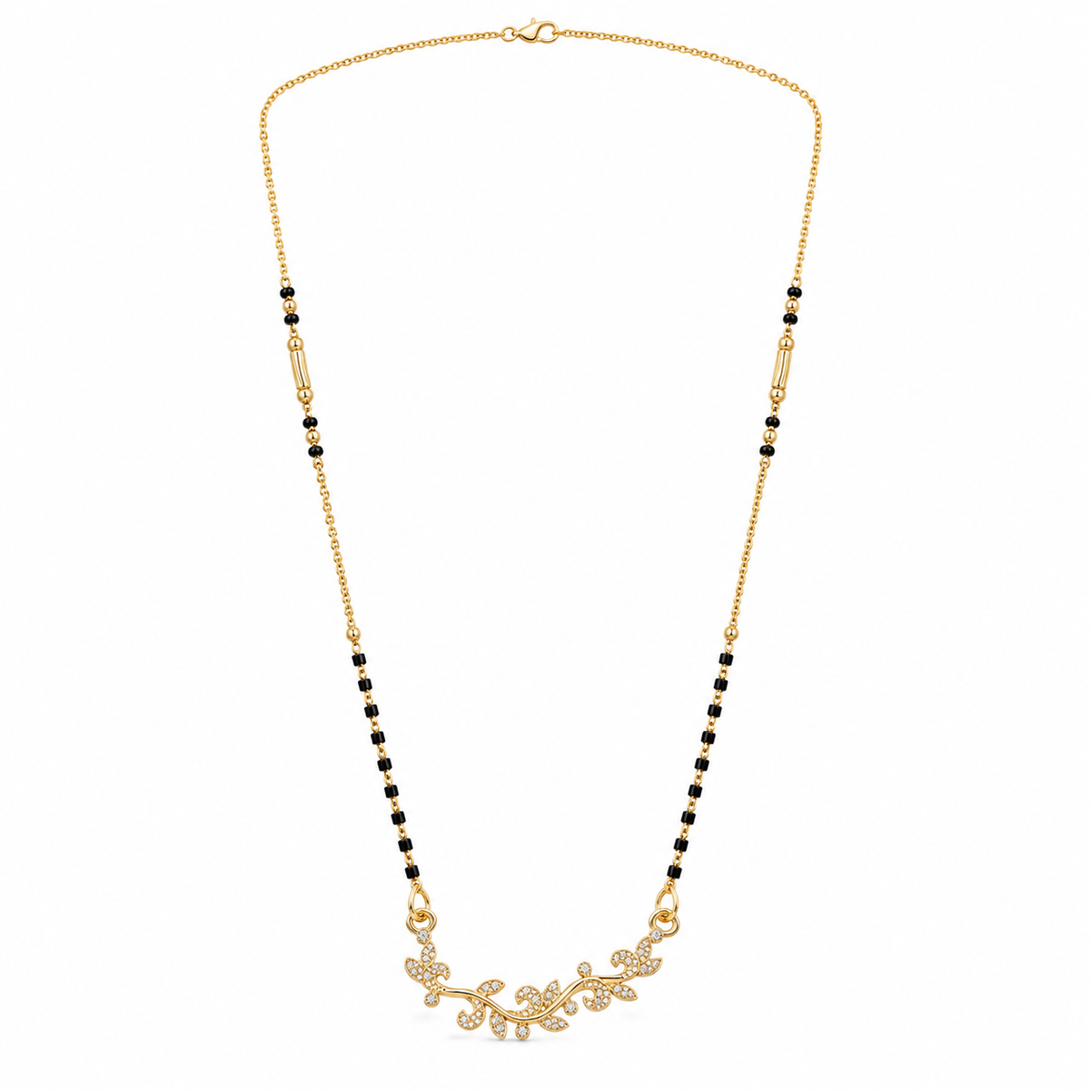 KZ Gold Plated Floral Vine Leaf CZ Mangalsutra for Women Black Bead Chain Nature Leaf Pendant FS