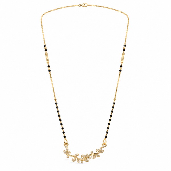 KZ Gold Plated Floral Vine Leaf CZ Mangalsutra for Women Black Bead Chain Nature Leaf Pendant FS