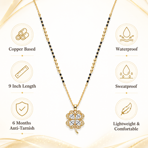 KZ Gold Plated 4 Leaf Clover CZ Mangalsutra for Women Black Bead Chain with White Stone Pendant FS