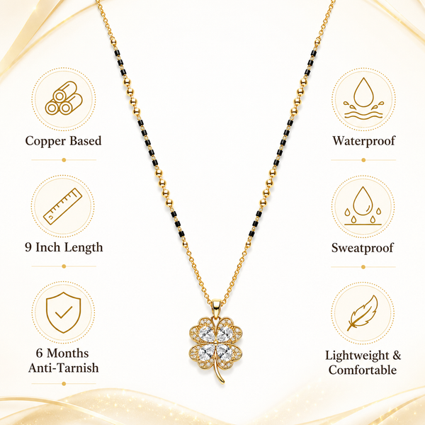 KZ Gold Plated 4 Leaf Clover CZ Mangalsutra for Women Black Bead Chain with White Stone Pendant FS