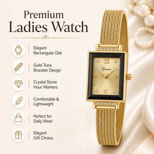 Watches Gold-Tone Square Black Dial Crystal Accent Mesh Bracelet Watch for Women
