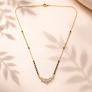 KZ Gold Plated Marquise Cluster CZ Mangalsutra for Women Black Bead Chain Floral Fan Pendant FS
