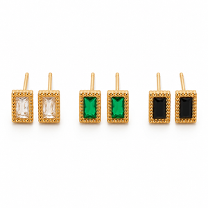 Earrings Crystal, Emerald & Black Onyx Rectangle Halo Drop Stud Earrings Set of 3 Pairs