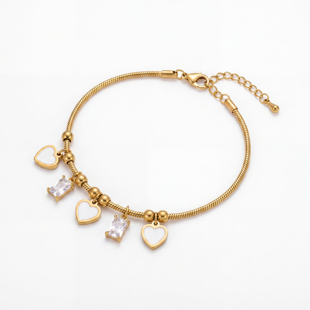 Gold Plated Snake Chain Bracelet with White Heart and Square Baguette Stone Dangling Charms