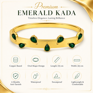 Real Teardrop Pear Emerald Green Stone Gold Oval Kada for Women | Prong Set Gemstone Stainless Steel Ladies Bangle | Premium Stone Festive Jewellery