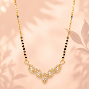 KZ Gold Plated Marquise Cluster CZ Mangalsutra for Women Black Bead Chain Floral Fan Pendant FS