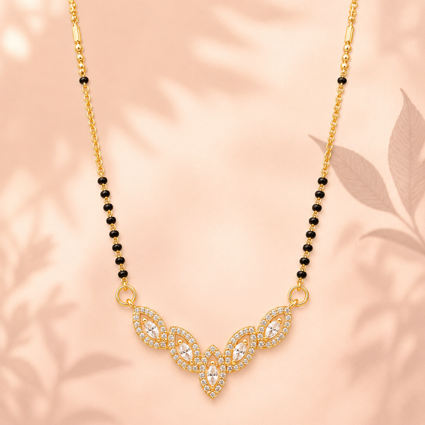 KZ Gold Plated Marquise Cluster CZ Mangalsutra for Women Black Bead Chain Floral Fan Pendant FS